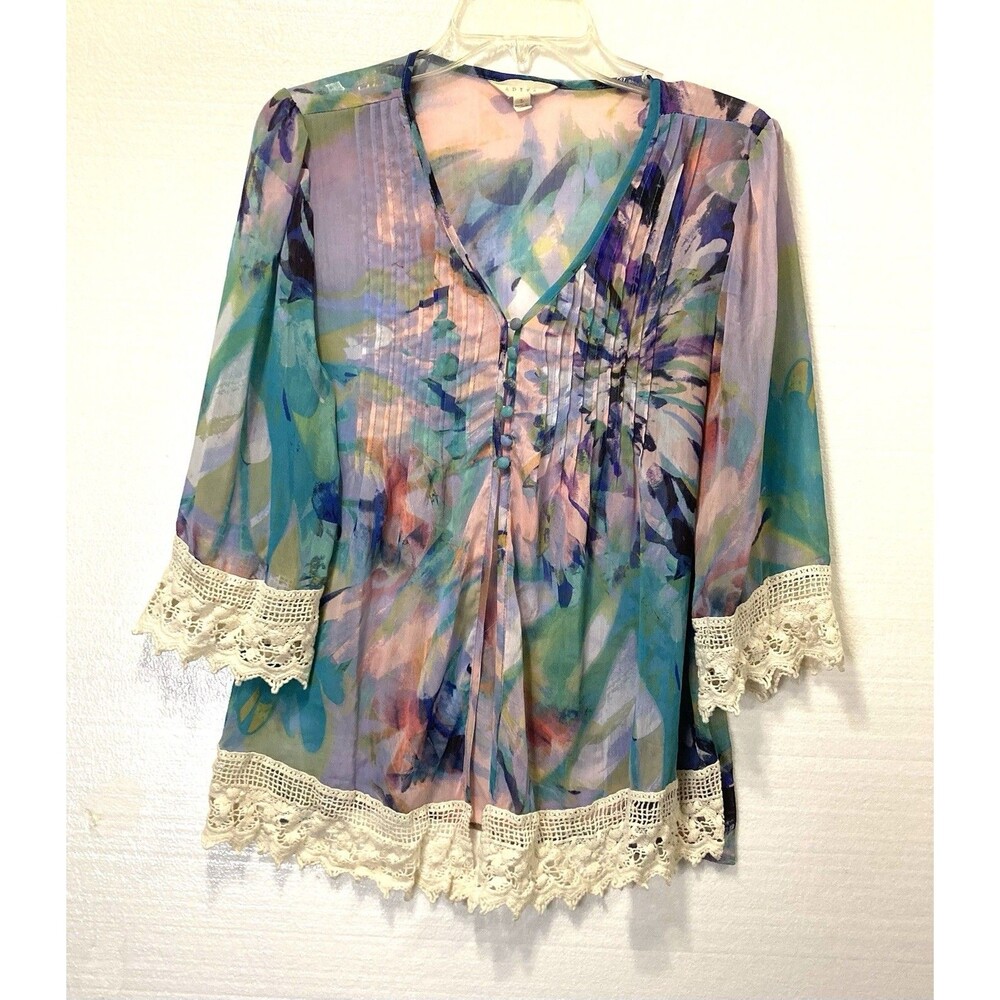 Adiva Aqua Pink Sheer Half Open Front 3/4 Sleeve Lace Trim Women’s Top Large